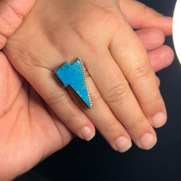 Turquoise Thunderbolt Ring Size 8 925 Sterling Silver Handmade Statement